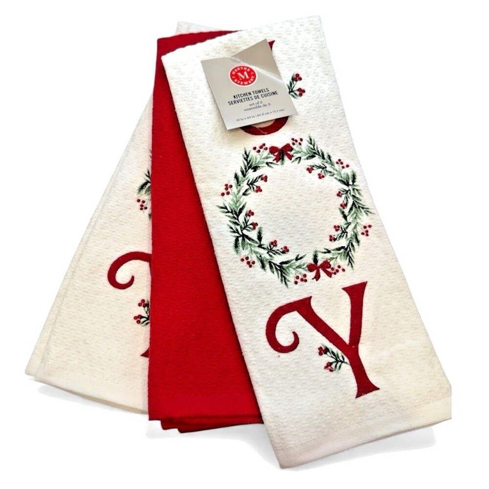 Martha Stewart Christmas Joy Dish Kitchen Towels Set of 3 White Red Wreath